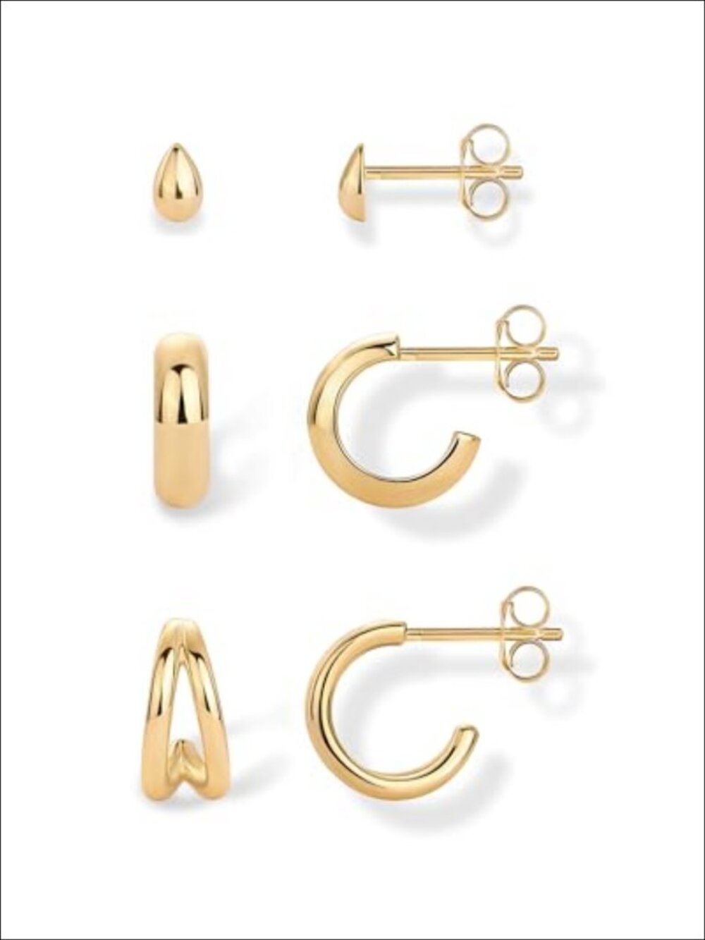 14K Gold Plated Hoop Huggie Earrings 3-Pair Set Hypoallergenic